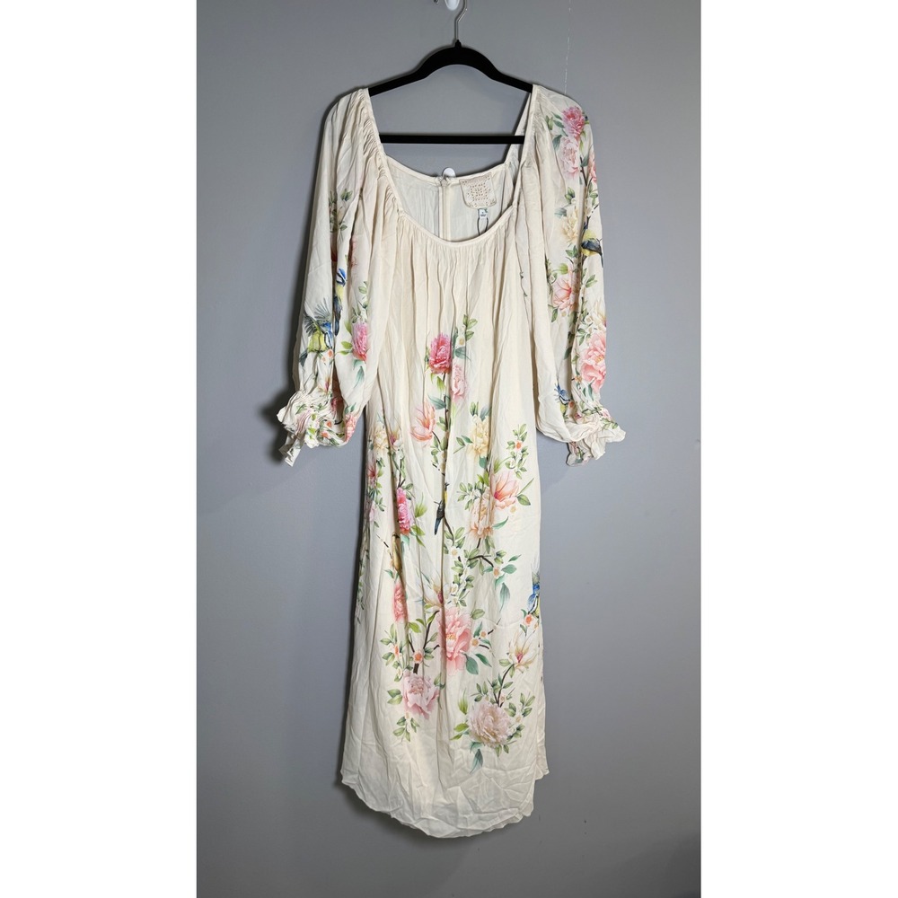 Johnny Was Jade Floral Bird Print Viscose Midi Dress Cream L31024-1 Womens S NWT